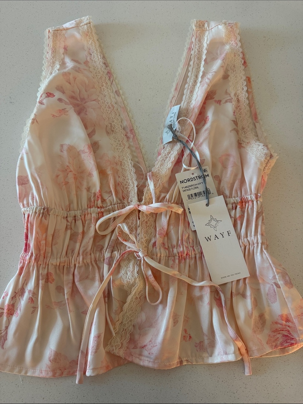 NWT Wayf Blush Pink Floral Lace-Trim Tie-Front Crop